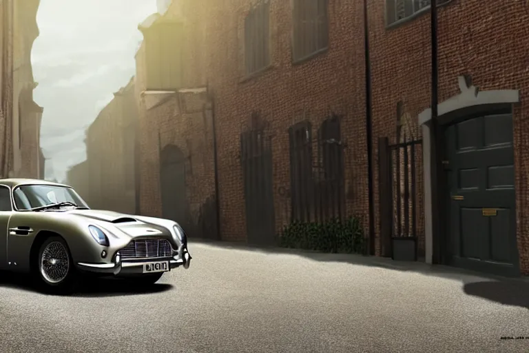 Image similar to a wholesome animation key shot of one focused shortened aston martin db 5, in a rich london mews residential street, waist height, medium range, studio ghibli, ( pixar ) and disney animation, sharp, very detailed, unreal engine 5 render, bloom, high resolution, anime key art by greg rutkowski