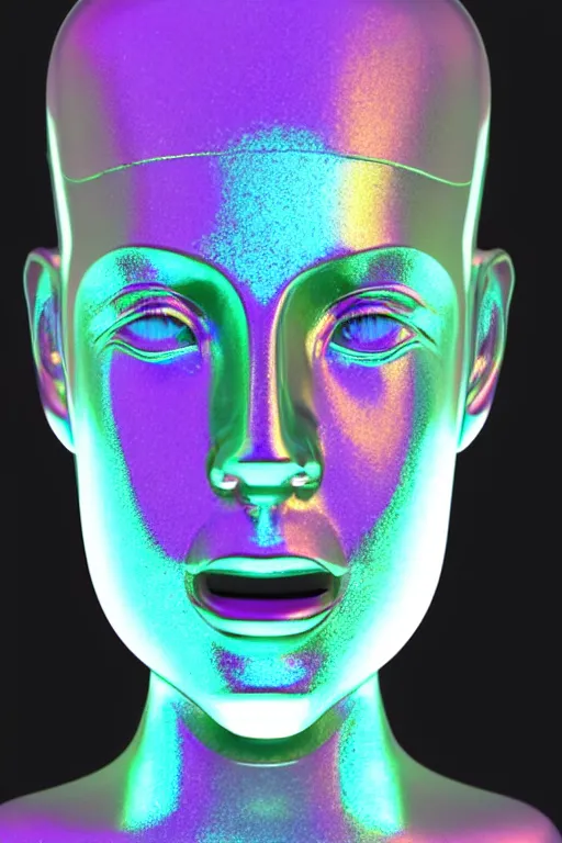 Image similar to 3d render of holographic human robotic bust made of glossy iridescent, screaming, bust, surrealistic 3d illustration of a human non-binary, non binary model, 3d model human, cryengine, made of holographic texture, holographic material, holographic rainbow, concept of cyborg and artificial intelligence