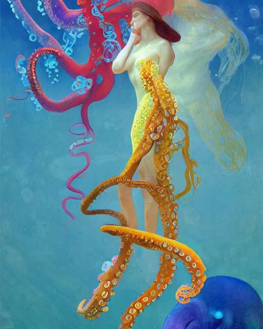 Image similar to a beautiful girl underwater wearing a colourful octopus as a dress and surrounded by glowing jellyfish, painted by edgar maxence, edward hopper, wayne barlowe and james gilleard, airbrush, art by jamesjean