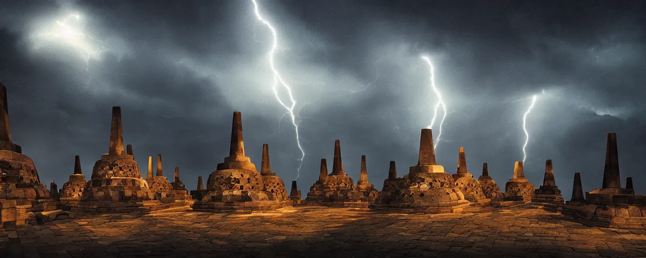 Image similar to most epic dramatic borobudur temple at night picture, eerie stormy night sky and lightnings. night photography. epic cinematic hyperrealism masterpiece. realistic poster with shaded lighting by craig mallismo, artgerm, jeremy lipkin and michael garmash, unreal engine, radiant light, detailed and complex environment, digital art, art station trends