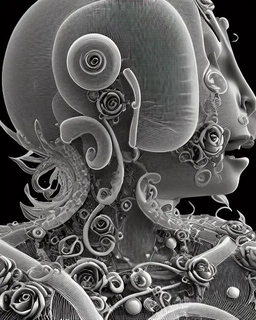 Image similar to mythical dreamy black and white organic bio-mechanical spinal ribbed profile face portrait detail of translucent steampunk beautiful siamese sisters females angelic-human-queen-vegetal-cyborg, highly detailed, intricate trnaslucent ivy jelly ornate, poetic, translucent roses ornate, 3D render, digital art, octane render, 8K artistic photography, photo-realistic, by Dora Maar