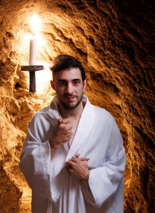 Image similar to photograph of a jewish prophet in his 3 0 s wearing a white robe, cinematic, epic framing, closeup, dslr, spiritual, candle lit cave background