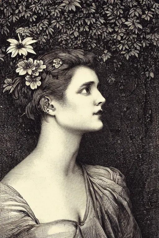 Image similar to extreme close-up portrait of a beautiful french woman from behind with flower in the head, forest background, Gustave Dore lithography