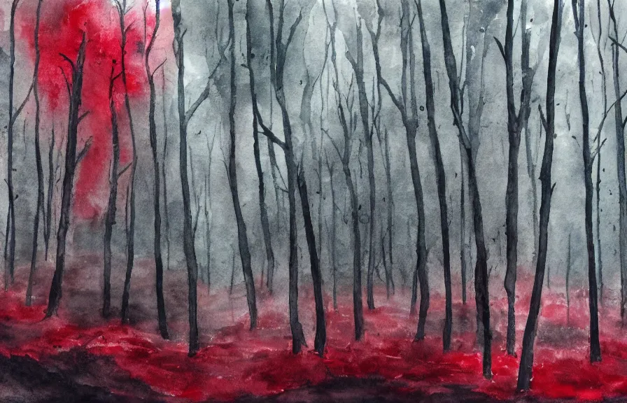 Prompt: dark and gloomy forest filled with toxic waste, dark stormy sky, raining red rain, watercolor painting