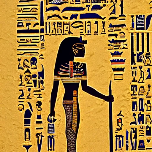 Prompt: egyptian samurai, standing in desert, hieroglyphics