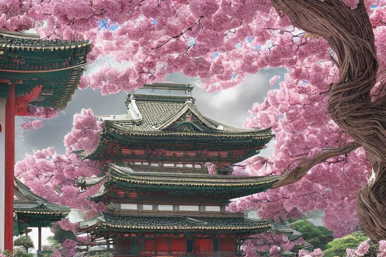Image similar to hyperdetailed ancient japanese temple in the infinite flowerpunk sakura tree, cinematic highly detailed artstation hyperstylized illustrated by moebius and yoshitaka amano