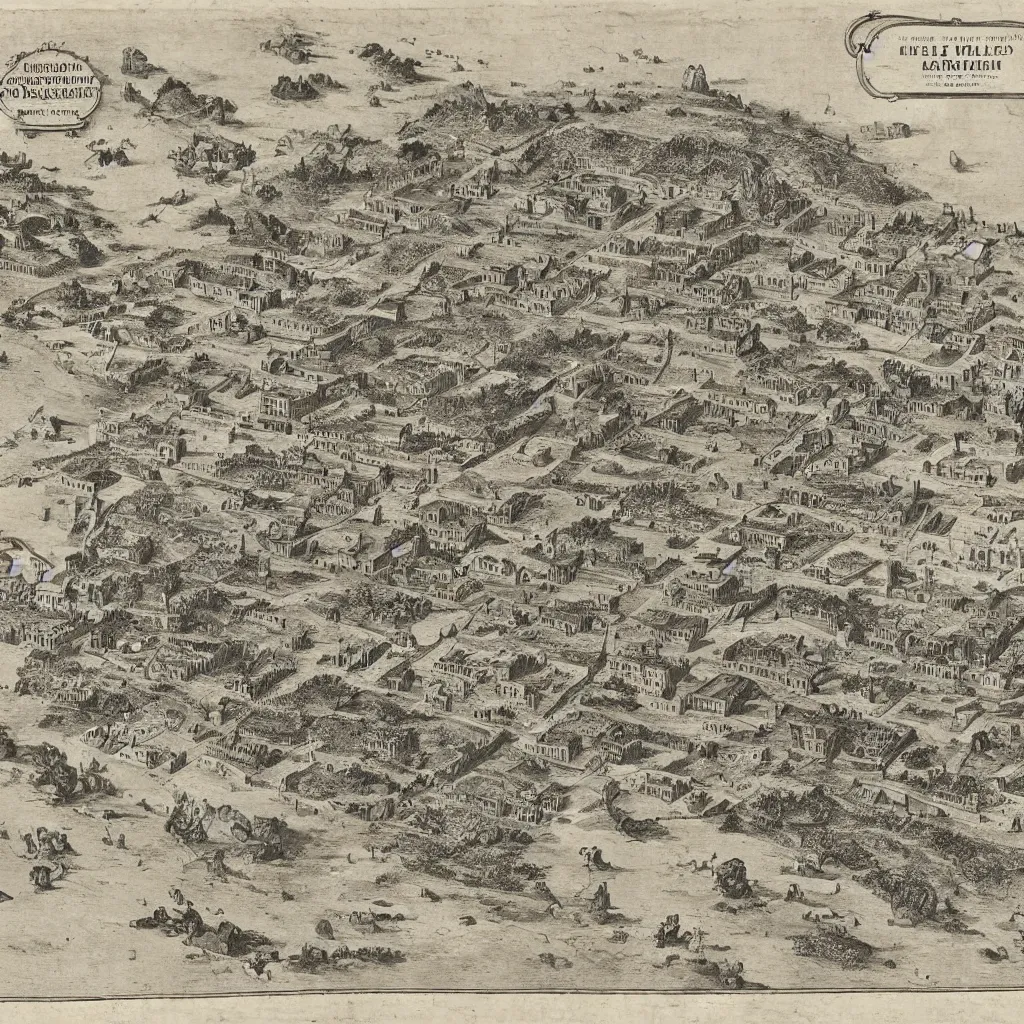 Prompt: 1 9 th century map of an ancient ruined hellenistic city. 4 k museum archival scan