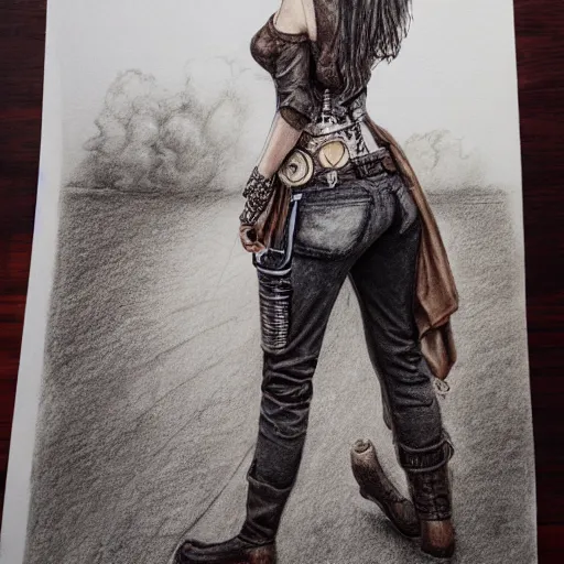 Image similar to hyper realistic full body pencil drawing of a woman steampunk facing the camera, standing on a road, water color, detailed, diffused, intricate,