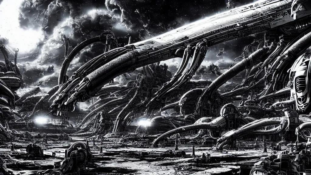 Prompt: a lot small slippery slime spaceships with xenomorph epic explode in space with unreal mechanized cybernetic detailed dilapidated planets, by giger, by tsutomu nihei, landscape, background sharp earth, black and white, sketch, futurism, 8 k