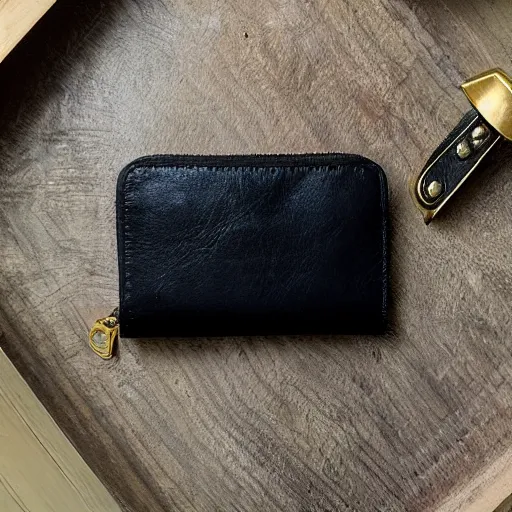 Prompt: black leather wallet with a gold zipper for a woman