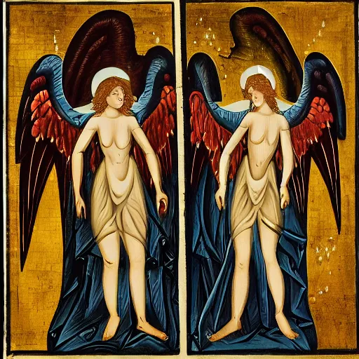 Image similar to an angel partially overlapping a demon, fusing in the middle