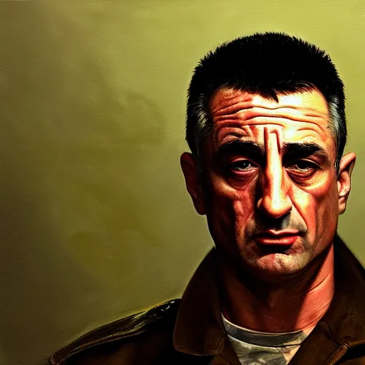 Prompt: realistic portrait of travis bickle ( robert deniro ), trending on artstation, low angle oil painting and composition laws, cinematic lighting, hyperdetailed, cgsociety, 8 k, martin scorsese cinematography, taxi driver