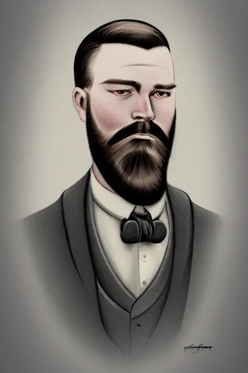 Image similar to an illustration of a portrait of a respectable dignified 1 9 3 0's era mennonite preacher with kind eyes and trimmed red beard and conservative haircut in the style of art - deco artwork art by kyle ferrin and loish!, digital art, highly detailed, intricate, sharp focus, trending on artstation hq, deviantart, 4 k uhd image