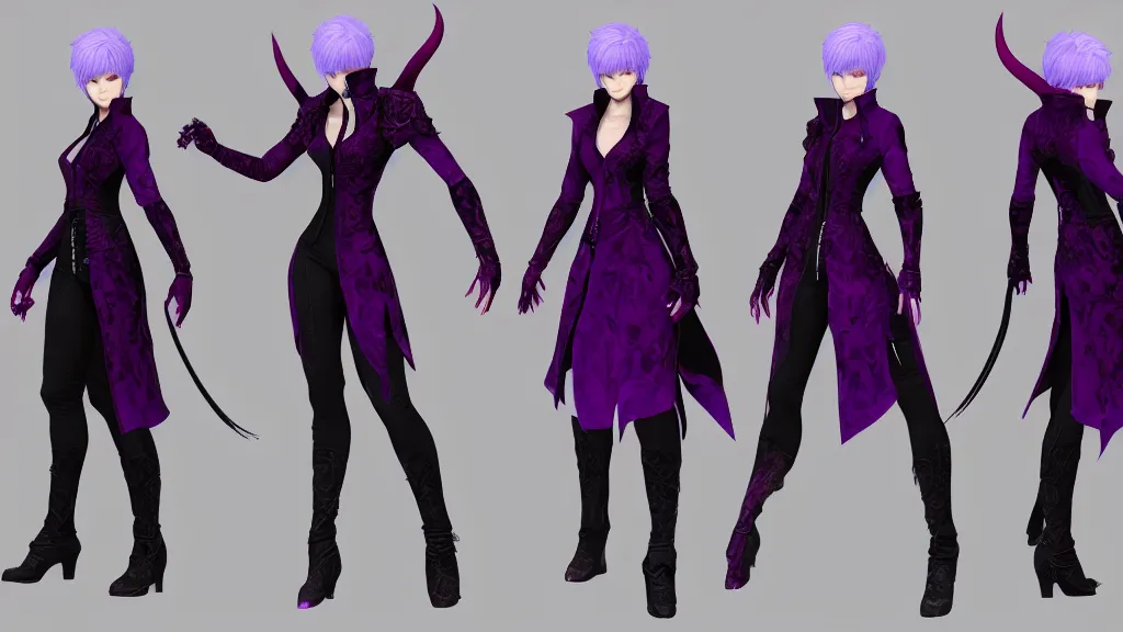 Image similar to devil may cry Vergil's daughter character design sheet, female, purple and black outfit, ghost sword, intricate, trending on artstation