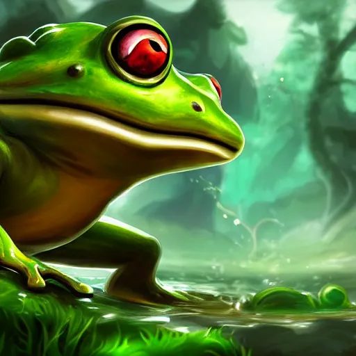 Image similar to beatiful art league of legends splash art of a frog in a swamp