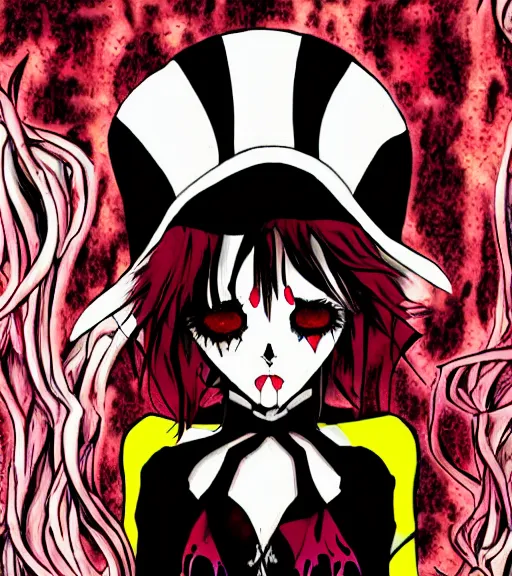 Image similar to horror acid colors, grim-hatter, a dark picture comic featuring blood horror and goth anime girls, anime vampires, evil horror vibes