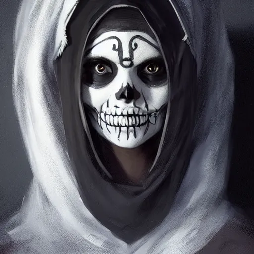 Prompt: a beautiful portrait of a short teenager necromancer with skull facepaint in black robes, sharp chin, by Greg Rutkowski and Raymond Swanland, Trending on Artstation, ultra realistic digital art