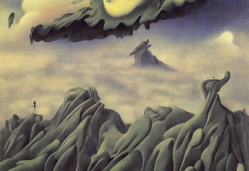 Image similar to shy mountain summit taking a peek through the clouds, fog, with curious eyes. joy of life happy flying creature. painting by yves tanguy, jean delville, rene magritte, max ernst, monet