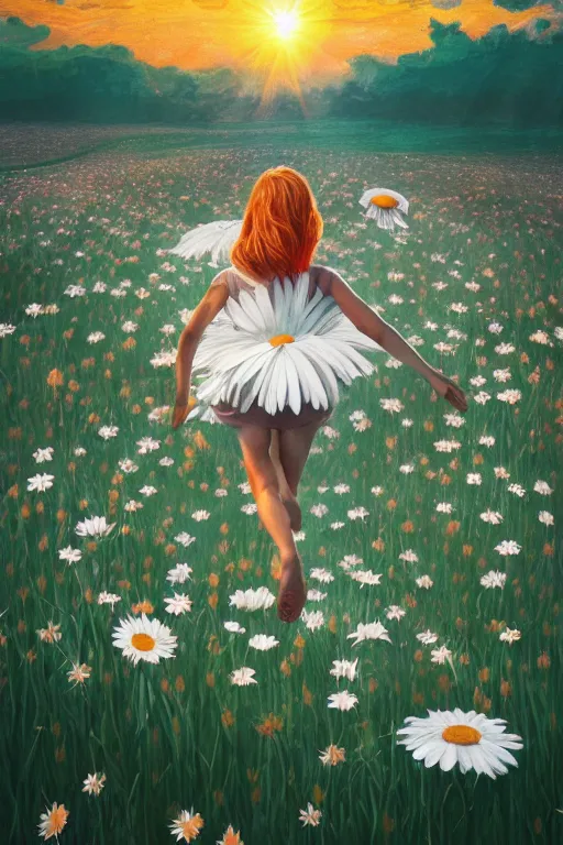 Image similar to giant white daisy flower as head, girl jumping in a flower field, surreal photography, sunrise, dramatic light, impressionist painting, colorful clouds, digital painting, artstation, simon stalenhag