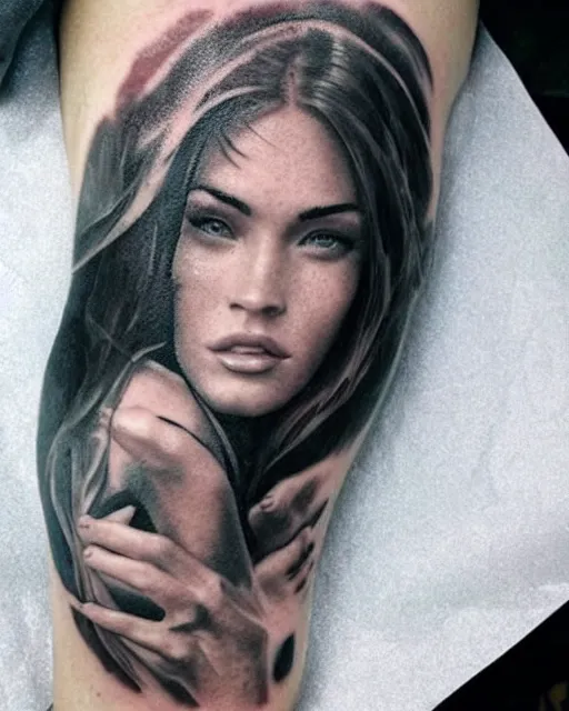 Image similar to creative double exposure effect tattoo design sketch of megan fox faded with beautiful mountain scenery, realism tattoo, in the style of matteo pasqualin, amazing detail, sharp