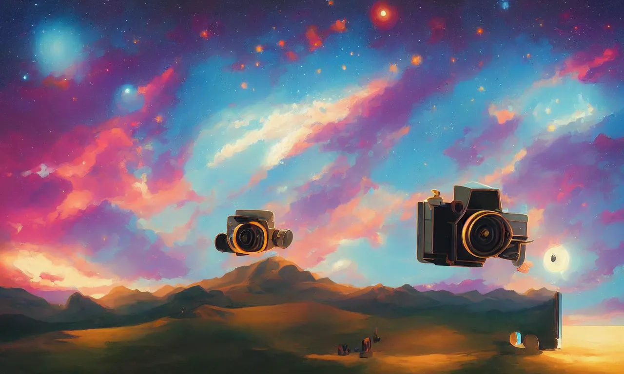 Image similar to A beautiful painting of a camera floating among stars, by RHADS, trending on Artstation