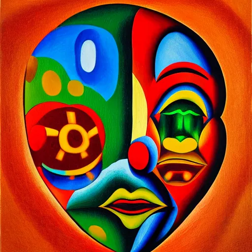 Prompt: avant - garde cubist painting of an enlightened glowing alien clown