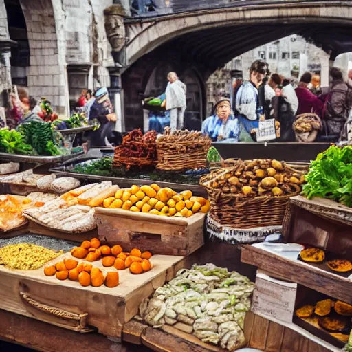 Image similar to medieval food market on a bridge