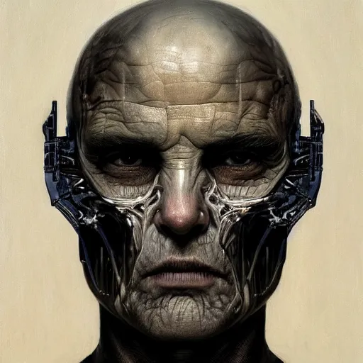 Image similar to surreal portrait of a man by Greg Rutkowski and H.R Giger, cyborg of indeterminate age, symmetrical, bald, haunting appearance, pale as marble, biomechanical and intricate, empty and uncany expression, cosmic void background, frightening, fascinating, highly detailed portrait, digital painting, artstation, concept art, smooth, sharp foccus ilustration, Artstation HQ.