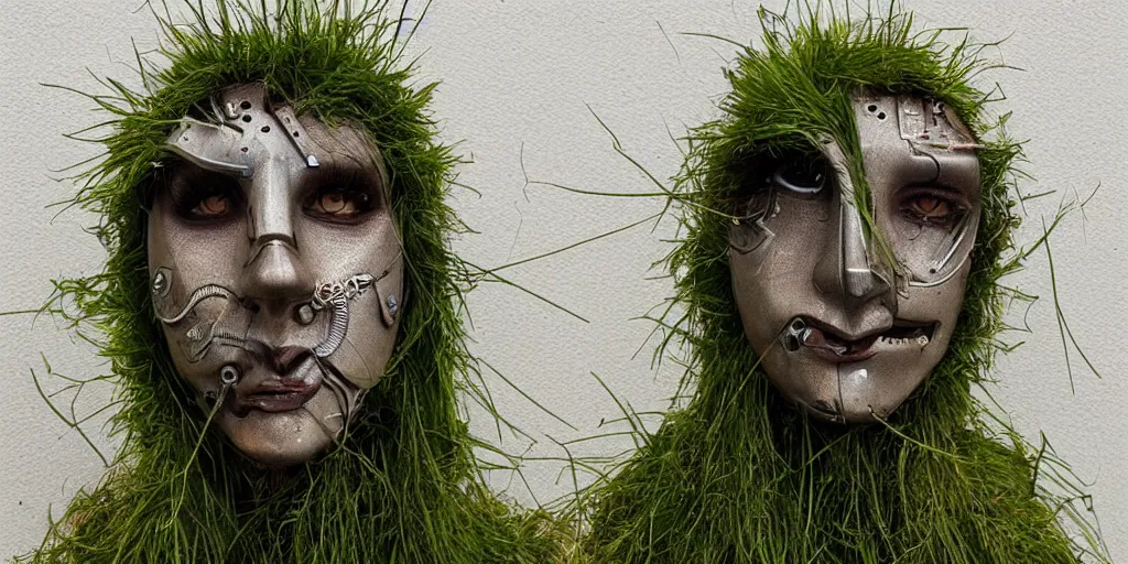 Prompt: a beautiful cyborg made of ceremonial grass maske