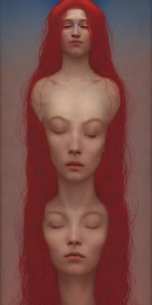 Image similar to Woman masterpiece, red, golden halo behind her head, by Edgar Maxence and Ross Tran, Zdzisław Beksiński, and Michael Whelan, distant, gustav dore, H.R. Giger, 8k, octane render