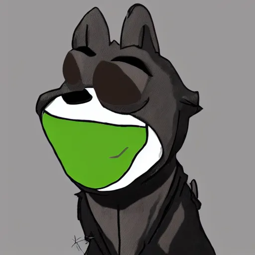 Image similar to pepe the frog head from 4chan on the body of a cartoon dog wearing a leather jacket and jeans