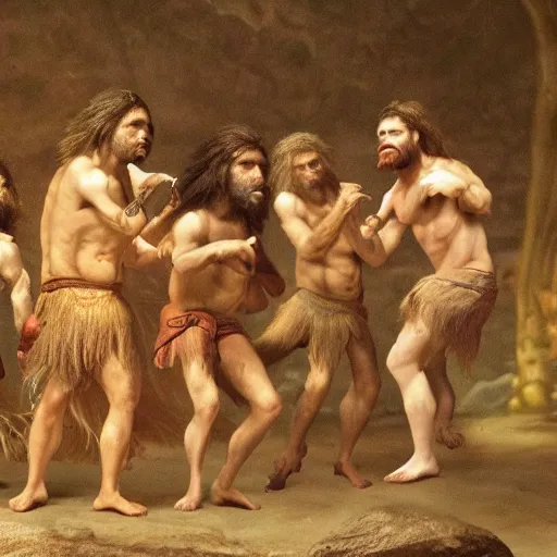 Image similar to photo of ancient cavemen dancing around a single beer can, high detail, ultra realistic, 4k UHD, pristine