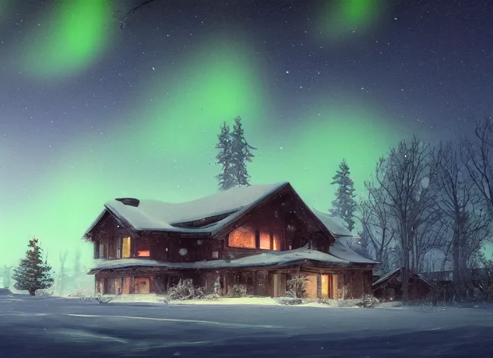 Image similar to snow - covered house, ( ( smoke from the stove ) ), night, stars in the sky, winter landscape, trees, aurora in the sky, painting by craig mullins, octane rendering, wide angle lens, in the style of hayao miyazaki, trending on artstation,