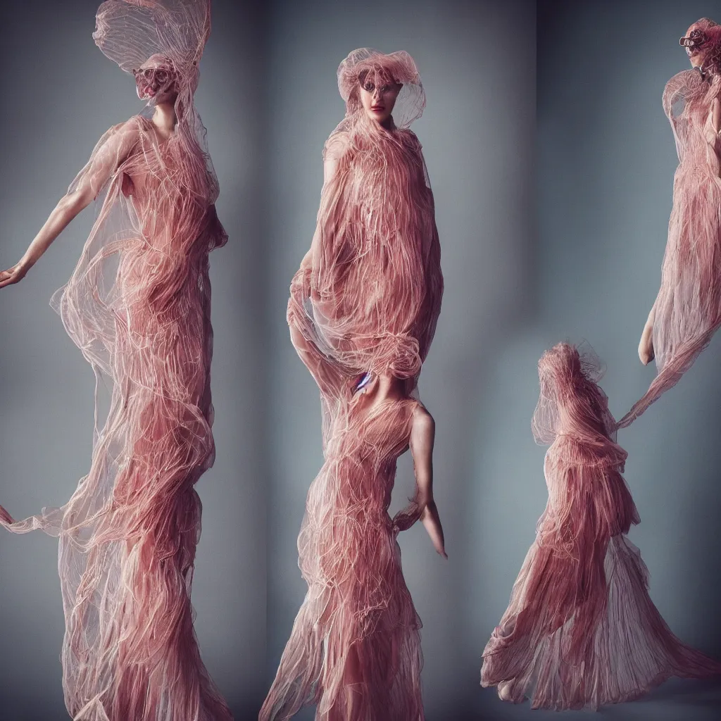 Image similar to Fashion photography of a woman wearing a dress inspired by a jellyfish, artistic photography, insanely detailed, chiaroscuro, cinestill 800t, Vogue magazine