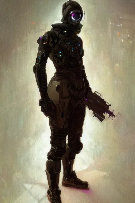 Prompt: a full body fantasy portrait oil painting illustration of an man by Justin Sweet and Greg Rutkowski and Alphonse Mucha with face and body clearly visible, visible pupils, techwear, futuristic, cyberpunk, artstation trending, high quality, sombre mood, artstation trending, muted colours, no crop, entire character!,