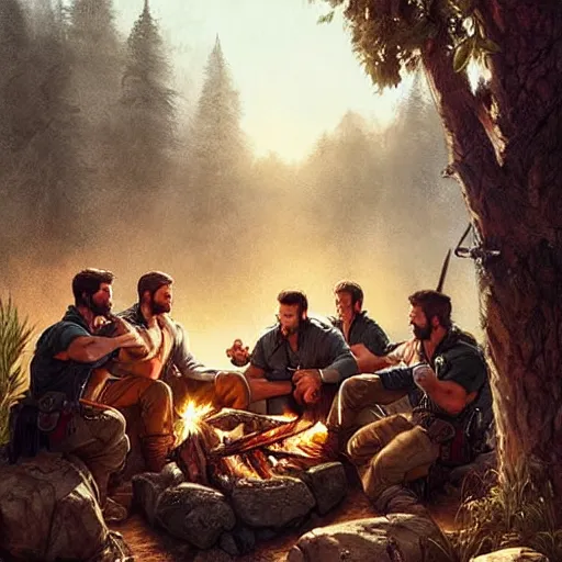 Prompt: Rugged male rangers relaxing by the fire, relaxed, D&D, muscular, after hunting, upper body, fantasy, intricate, elegant, highly detailed, digital painting, artstation, concept art, smooth, sharp focus, illustration, art by artgerm and greg rutkowski and alphonse mucha