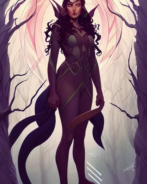 Image similar to artgerm, joshua middleton comic cover art, full body pretty female elven wood elf, symmetrical eyes, symmetrical face, long curly black hair, beautiful forest, rim lighting