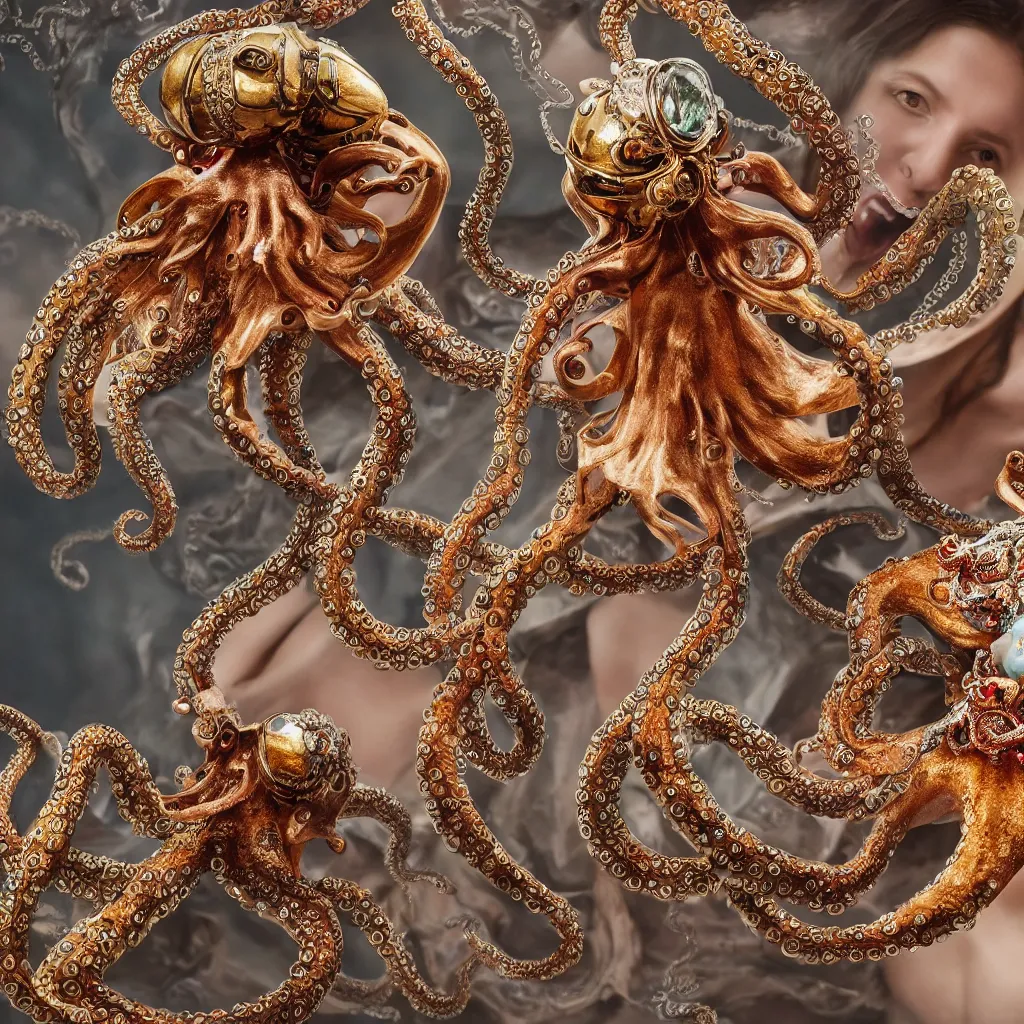 Image similar to a high-resolution color-chrome extreme closeup portrait photo of a octopus fighting a incredible elegant pale renaissance rococo Queen, with ornate jewelled, rococo Queen, sci-fi, high-tech, beautiful low light, style Steve McCurry Octane render 8k