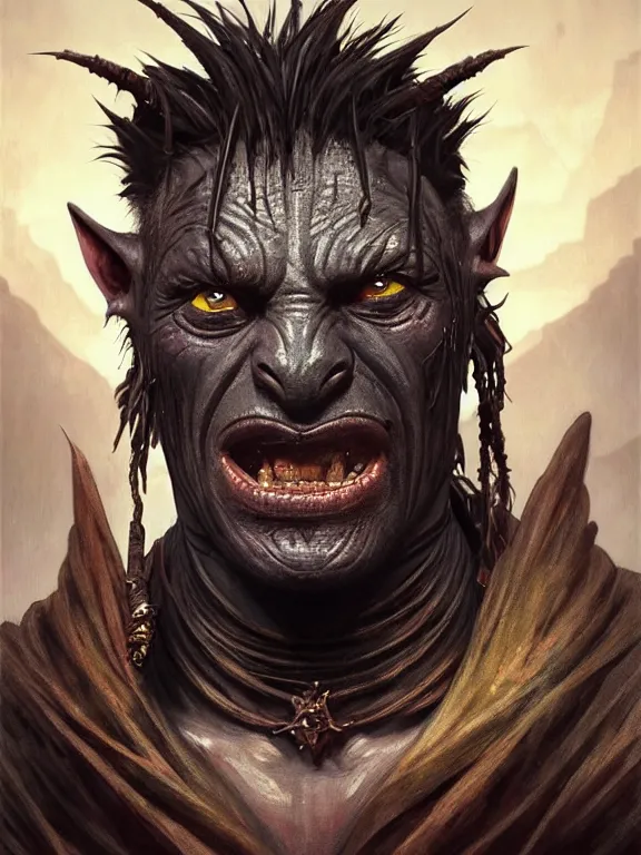 Image similar to portrait of sean penn as a black cavern orc, looking at camera, d & d, savage warrior, scale attire, aztec hair, large noses, intricate, fantasy, extremely detailed, digital painting, artstation, concept art, smooth, sharp focus, illustration, ambient lighting, art by artgerm and greg rutkowski and alphonse mucha and simon stalenhag