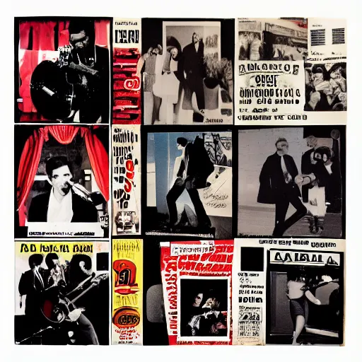 Image similar to vinyl LP cover for the 25th anniversary album from 'de portables' that is a cutout photo collage of pictures from 1960 music magazines