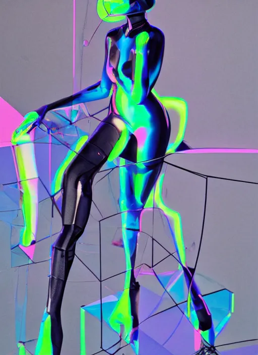 Image similar to futuristic lasers tracing, data visualization, laserpunk fullbodysuit,, pyramid visor, raindrops, wet, oiled, beautiful cyborg girl pinup, by steven meisel, kaws, rolf armstrong, cubist perfect geometry abstract acrylic, hyperrealism photorealistic airbrush collage painting, monochrome, neon fluorescent colors, minimalist rule of thirds, eighties eros