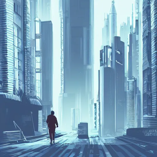 Prompt: a person walking on the streets of a cyberpunk like city, digital art