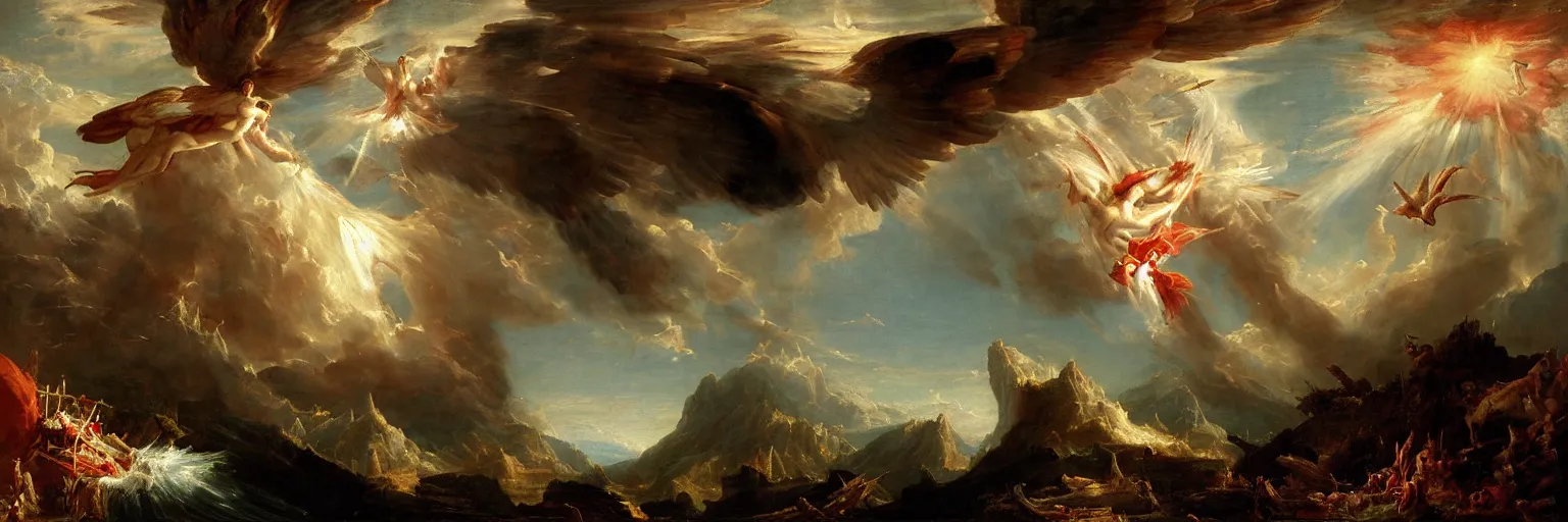 Prompt: an epic thomas cole naturalist style painting of icarus crashing and burning his chariot