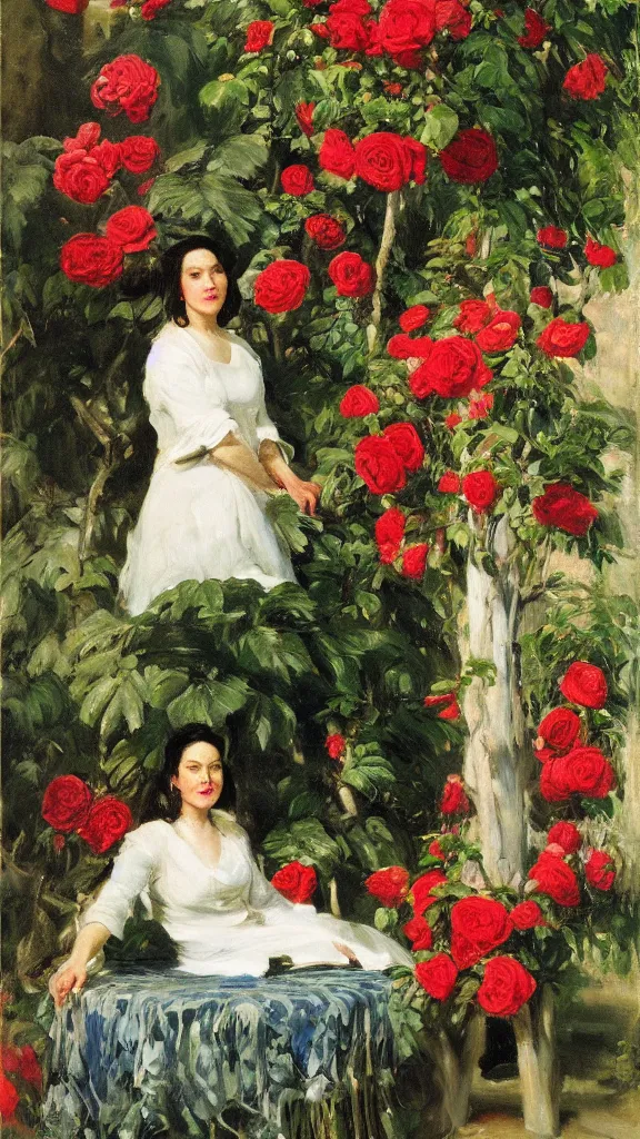 Prompt: rebekah delrio in a botanical room set near a persian pot fulk of red roses and palm treeby john singer sargent