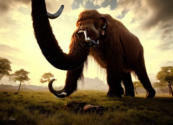 Image similar to hyperrealism, detailed textures, photorealistic, 3 d render, a surreal mystical wooly mammoth grazing, ultra realistic cinematic, intricate, cinematic light, concept art, illustration, art station, unreal engine