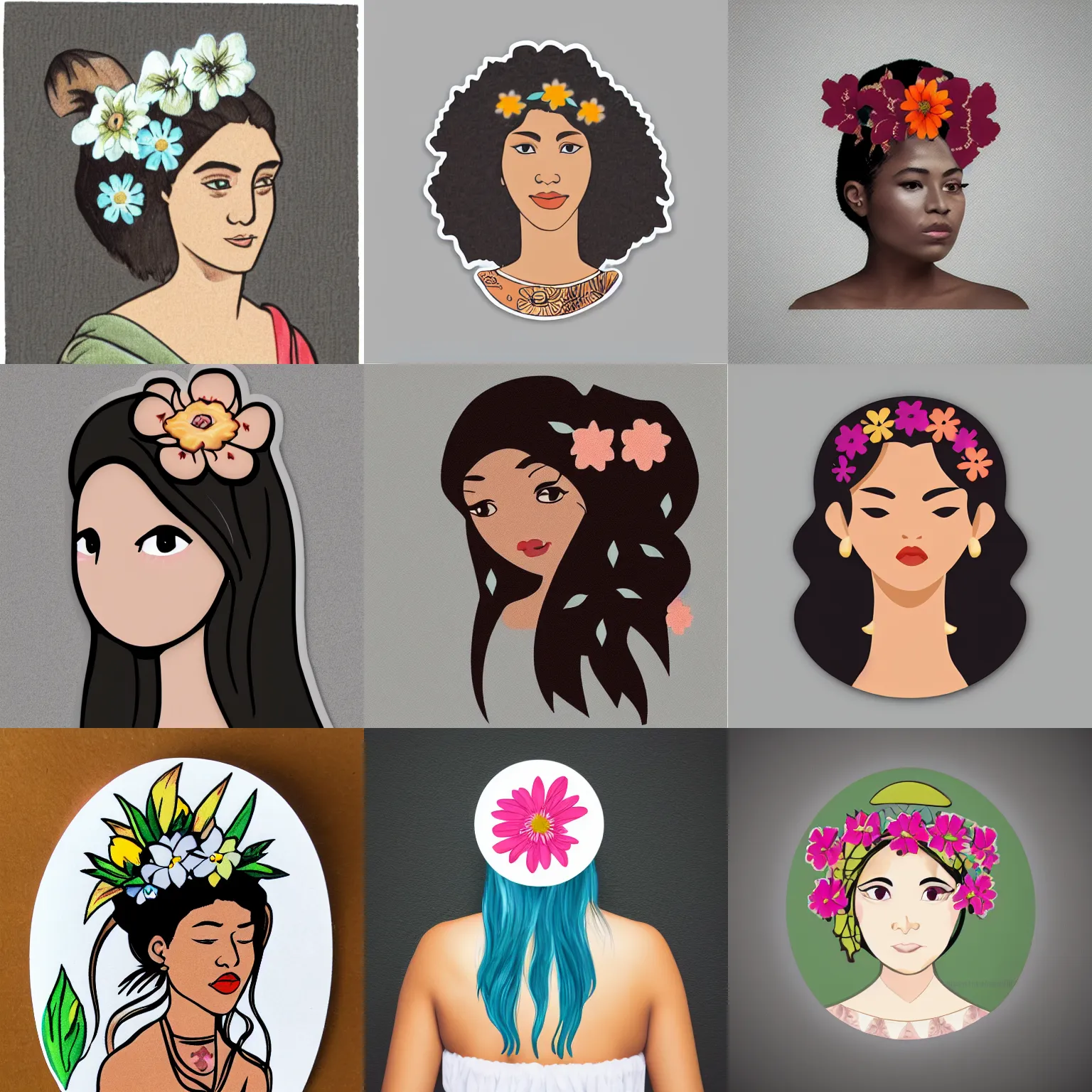 Prompt: catroon sticker of hawian woman with flower in her hair with white border on gray background