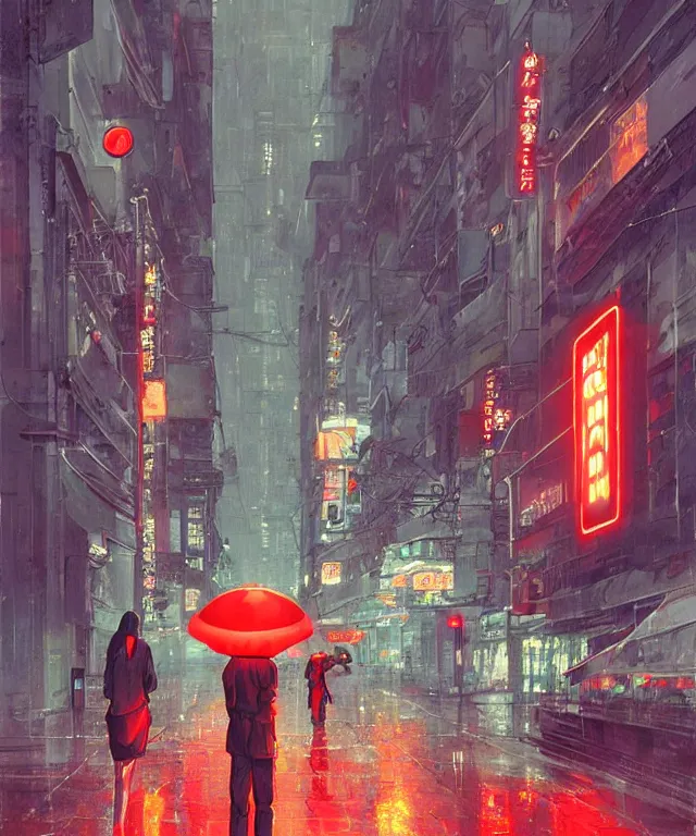 Prompt: big red robot waiting in street from paris or neo tokyo , humid ground, people and creatures walking holding neon ombrellas, volumetric light, bokeh light from top, science fiction elements like droids or computer screens, brutalist architecture, rainy mood, artstation, art by françois schuiten and moebius and pascal campion