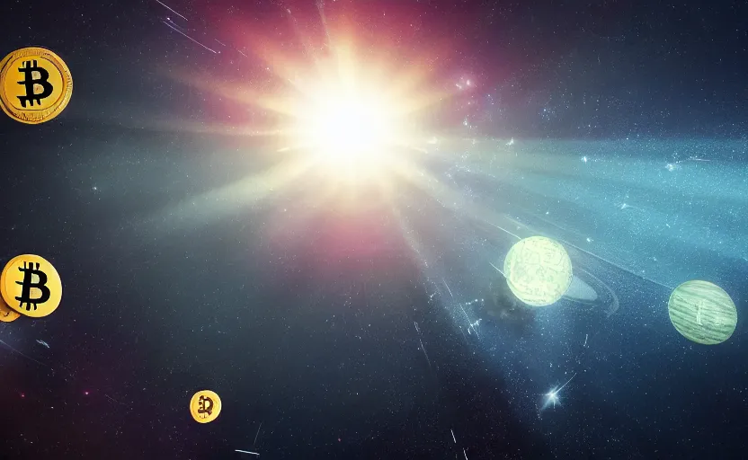 Prompt: bitcoin star system, space, volumetric light, 4 k, stars