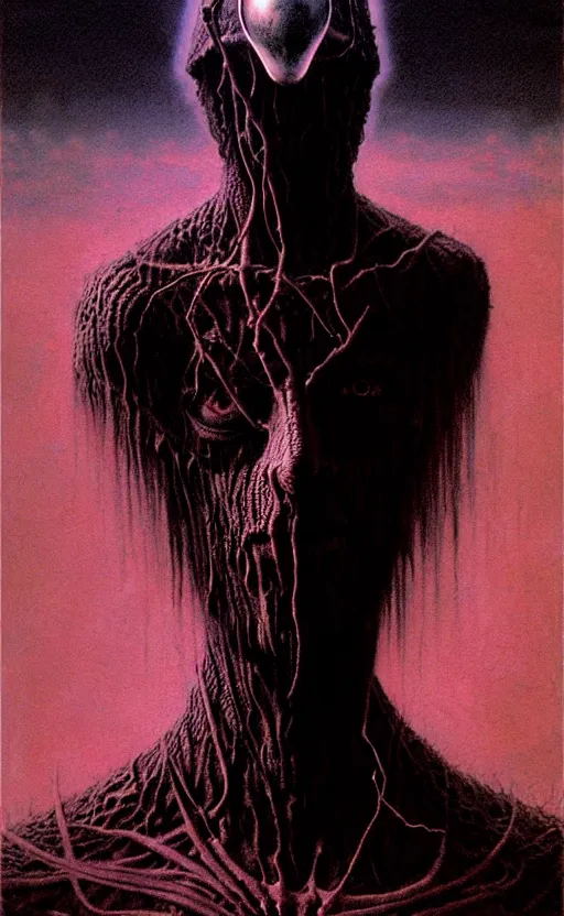 Image similar to a striking full body portrait of a pitch black masked eldritch shaman by moebius and beksinski and artgerm, detailed artwork, realism, 4 k resolution, detailed, high quality, sharp focus, hq artwork, insane detail, volumetric lighting, character concept art, fine details, tarot card, clear subject