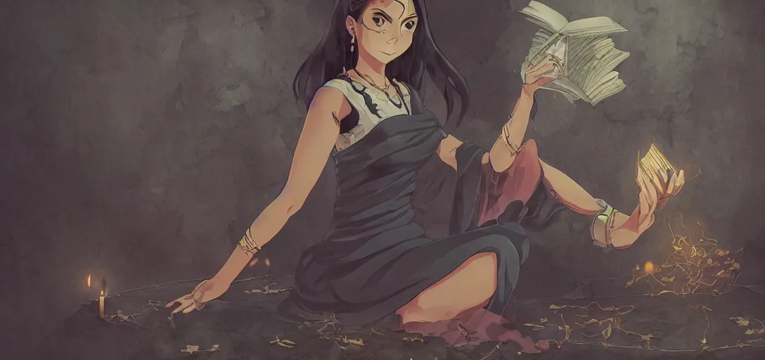 Image similar to Full body portrait of a Himalayan woman in a sleeveless dress, a book floating as she casts a ritual spell, dark colors, ominous, somber, detailed, artstation, by Kyoto Animation and Studio trigger, by Makoto Shinkai and Ilya Kuvshinov